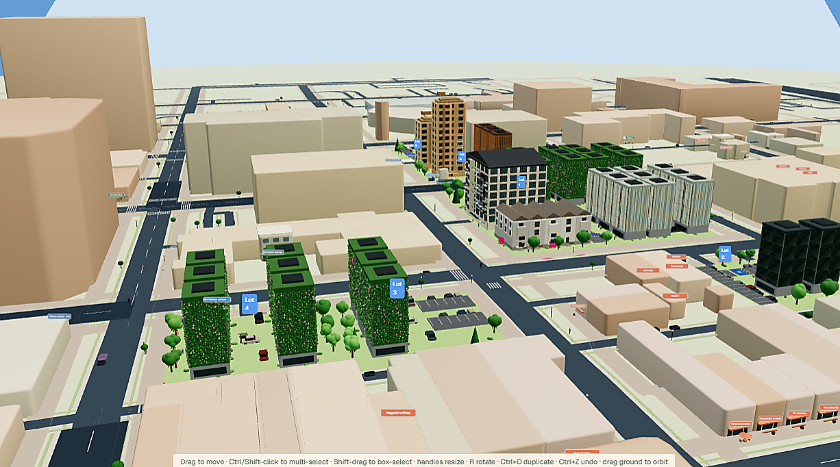 Lot2Block 3D view of the same Pittsburgh area with an illustrative mix of buildings, green walls, trees, and retained parking