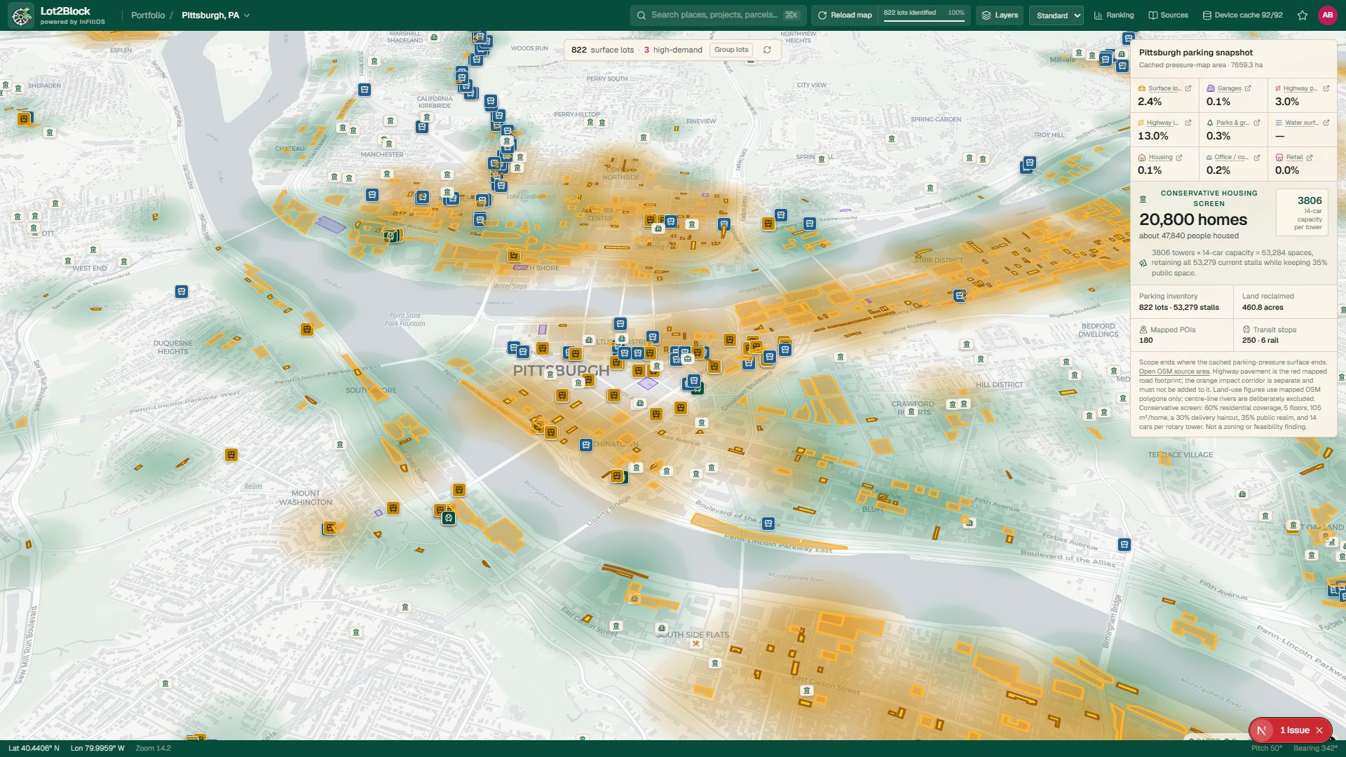 Lot2Block map showing selected parking lots and nearby transit, amenities, and building context